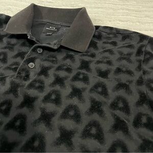 Armani Exchange Short-Sleeve Polo Shirt Allover Flocked Logo Pattern EXTRA SMALL